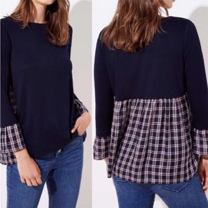 Loft Mixed Media Navy Top with Plaid Bell Cuffs Size XS